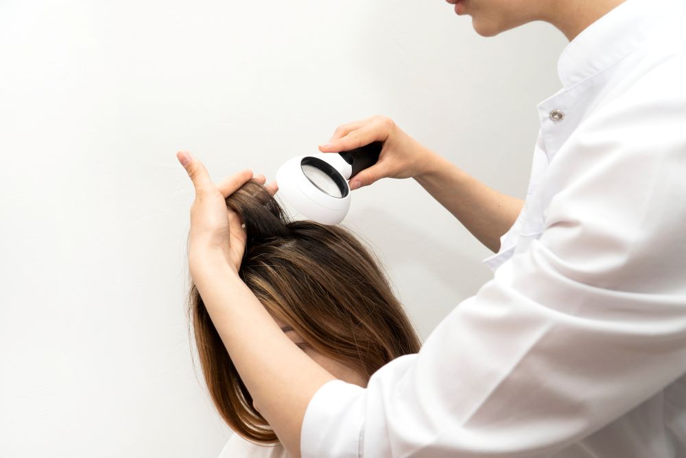 Doctor examining scalp before a female hairline transplant procedure